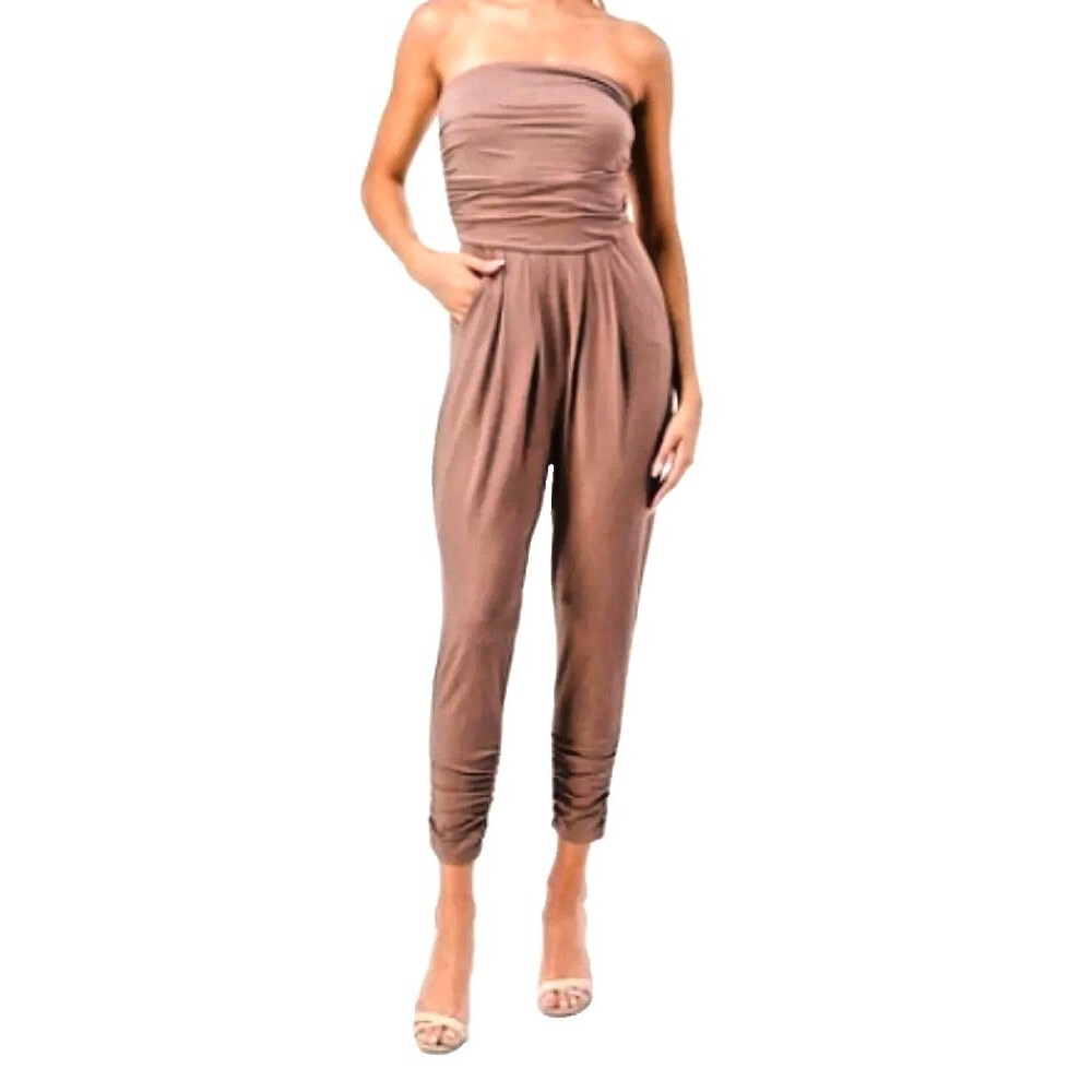 Heart and Hips Off Shoulder Women's Jumpsuit w/ Pockets SZ S Taupe